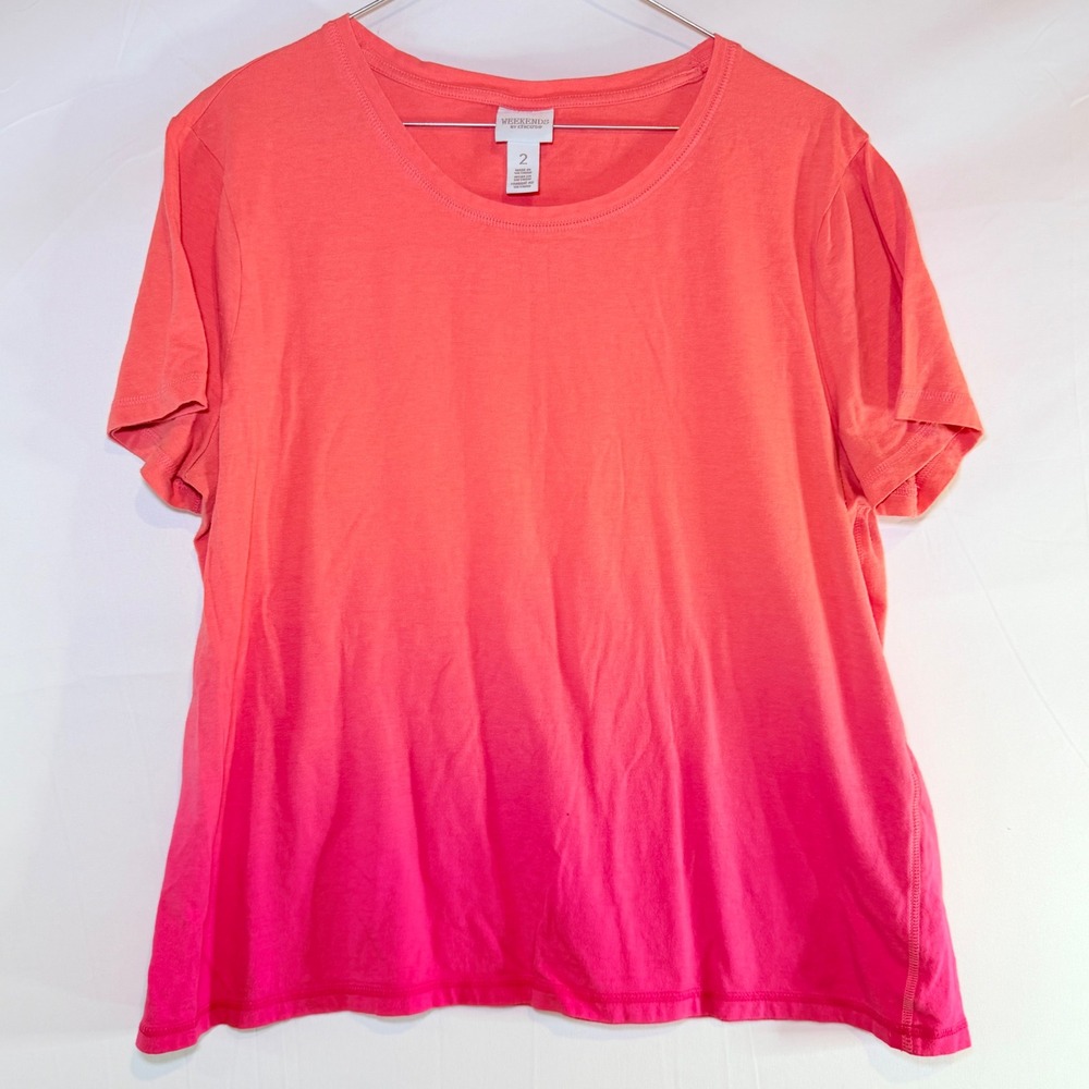 Chicos Weekends Ombre T-Shirt Coral Pink Dip Dye Crew Neck Tee Size 2‎ Large